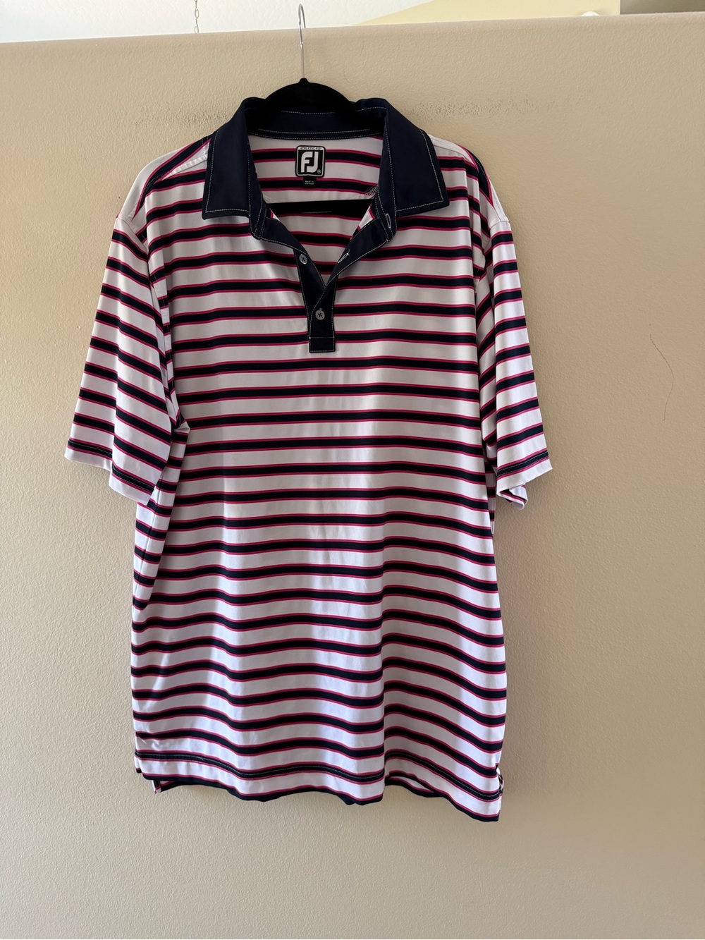 FootJoy Striped Golf Polo in White, Navy & Fuscia Stripe